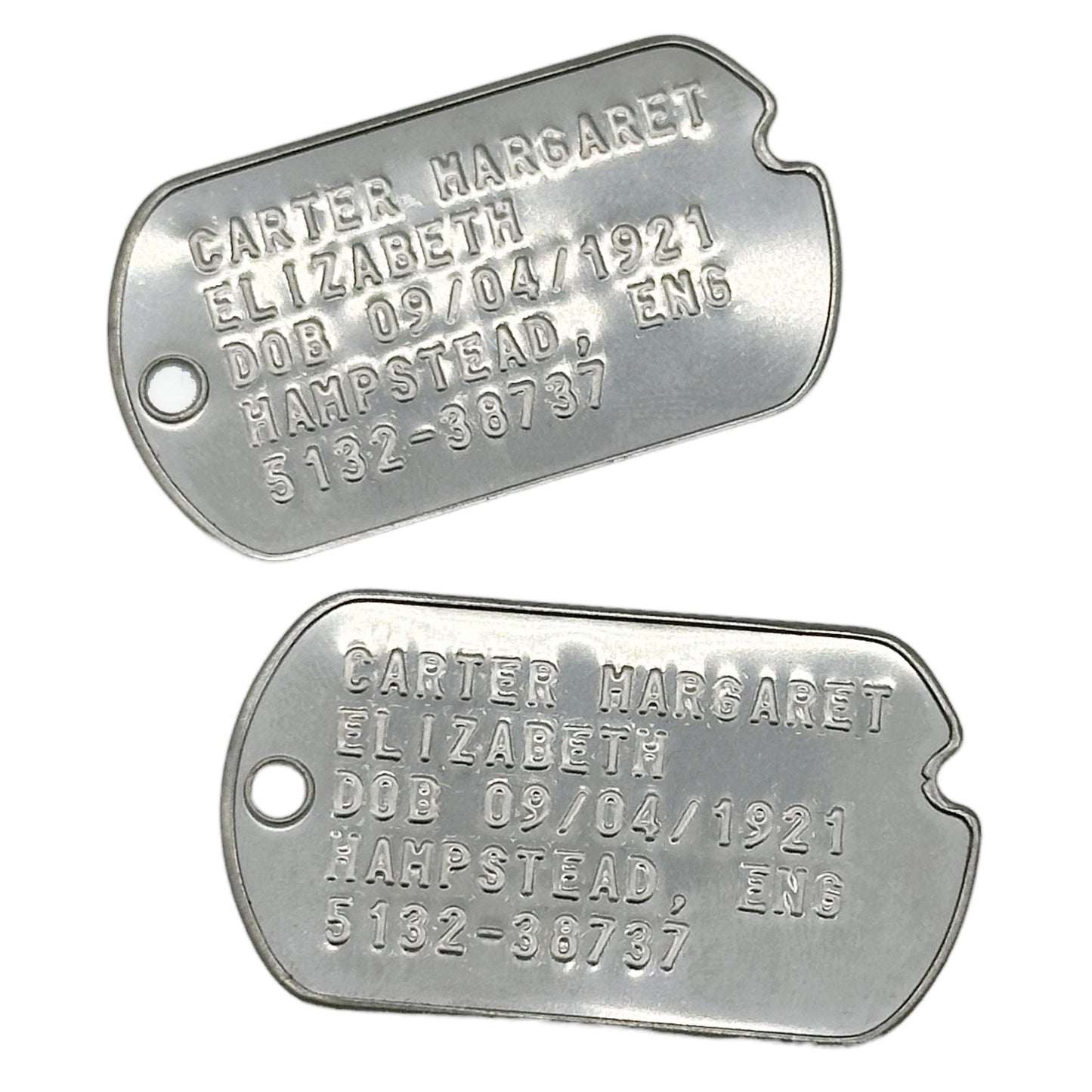 Margaret Elizabeth 'Peggy' Carter WWII Style Military Dog Tags Prop Replica - Notched pre 1965 WW2 - Stainless Steel - Chain Included