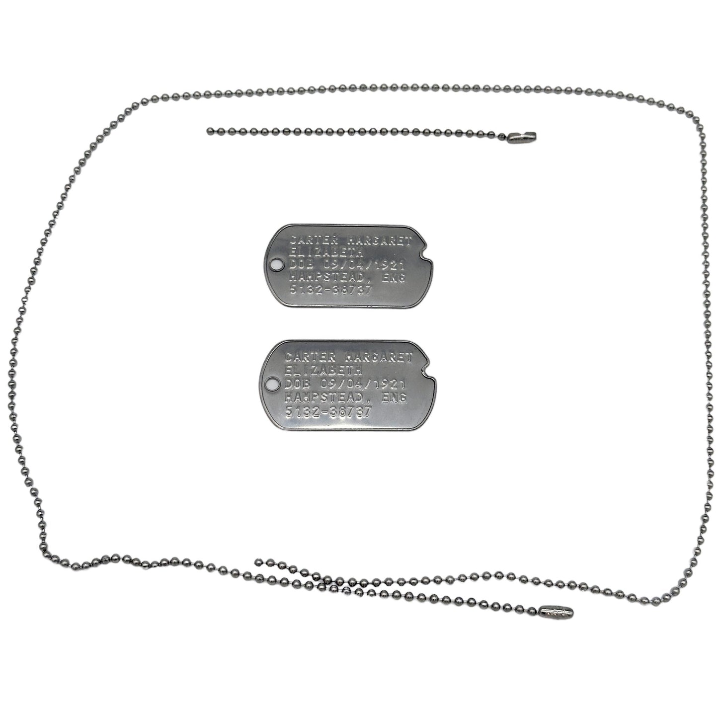 Margaret Elizabeth 'Peggy' Carter WWII Style Military Dog Tags Prop Replica - Notched pre 1965 WW2 - Stainless Steel - Chain Included