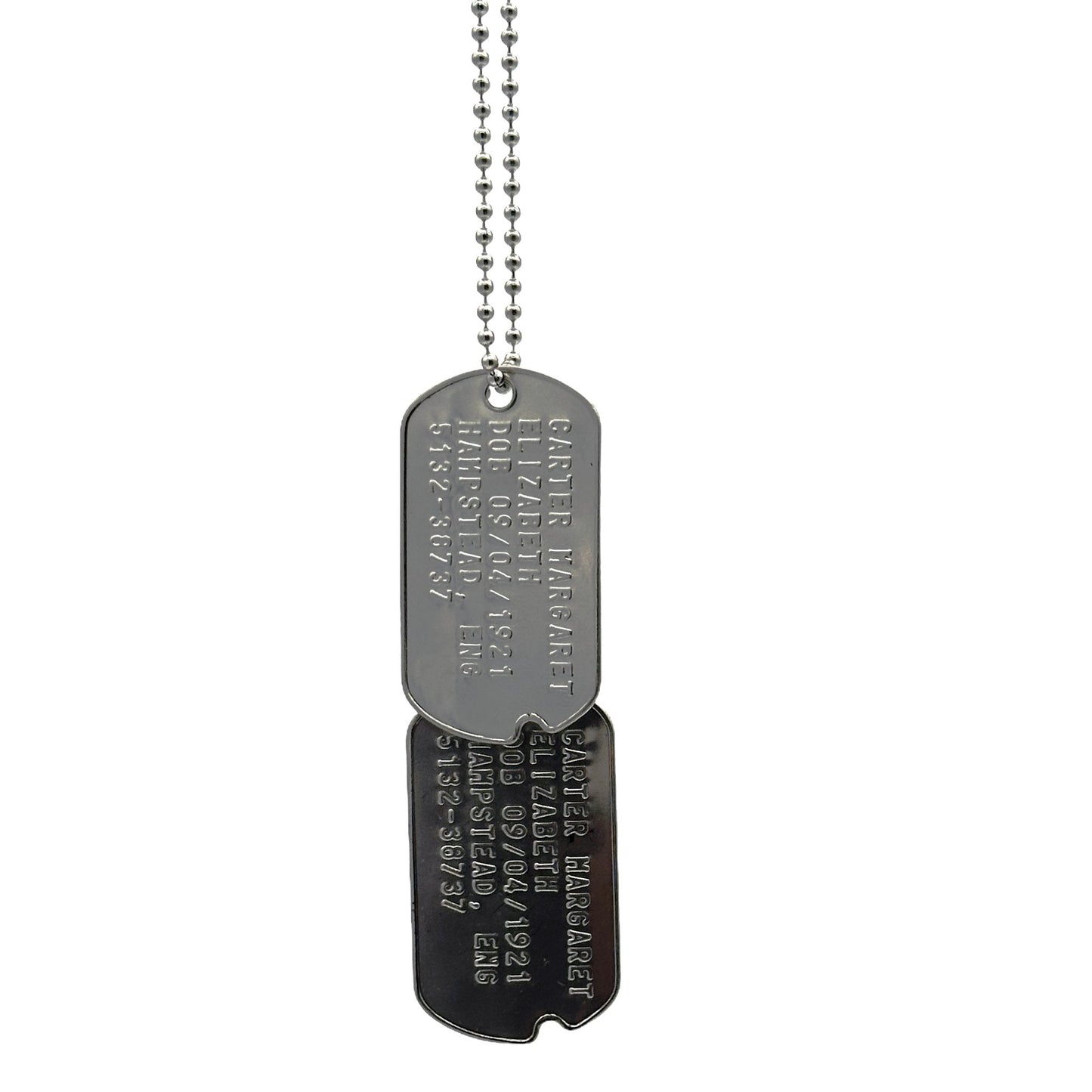 Margaret Elizabeth 'Peggy' Carter WWII Style Military Dog Tags Prop Replica - Notched pre 1965 WW2 - Stainless Steel - Chain Included
