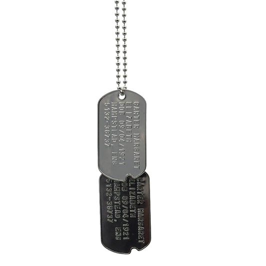 Margaret Elizabeth 'Peggy' Carter WWII Style Military Dog Tags Prop Replica - Notched pre 1965 WW2 - Stainless Steel - Chain Included