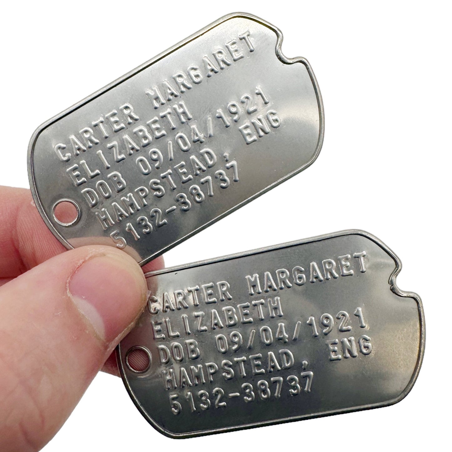 Margaret Elizabeth 'Peggy' Carter WWII Style Military Dog Tags Prop Replica - Notched pre 1965 WW2 - Stainless Steel - Chain Included