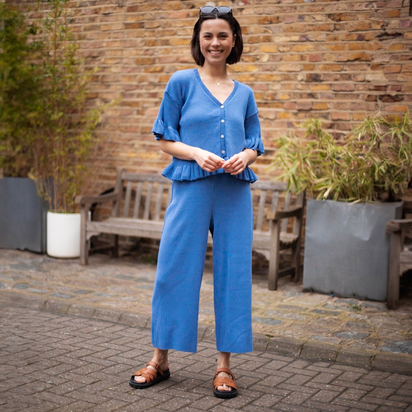 Martha Wide Leg Knitted Trousers - Cornflower Blue