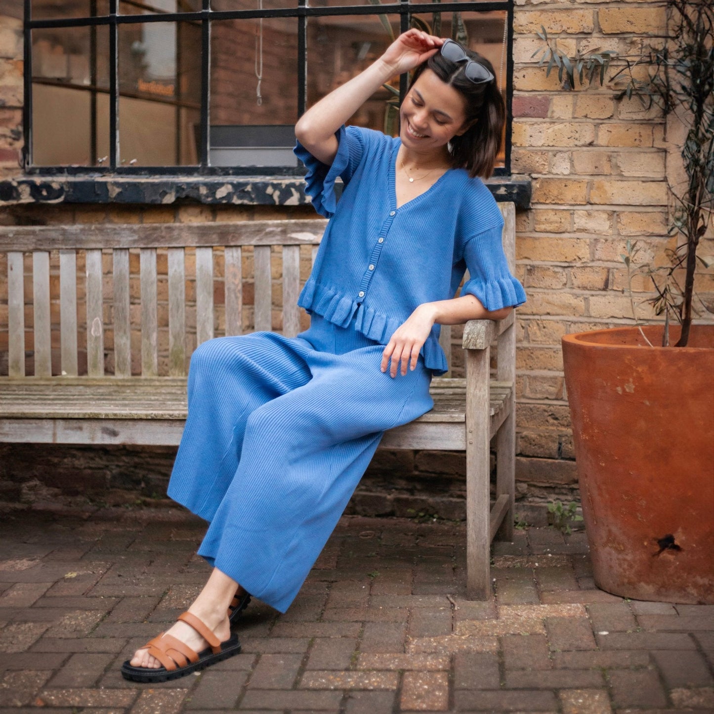 Martha Wide Leg Knitted Trousers - Cornflower Blue