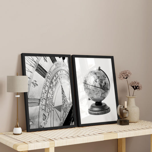 Masculine Wall Art Vintage Sundial & Antique Globe Black and White Art Prints | Set of 2