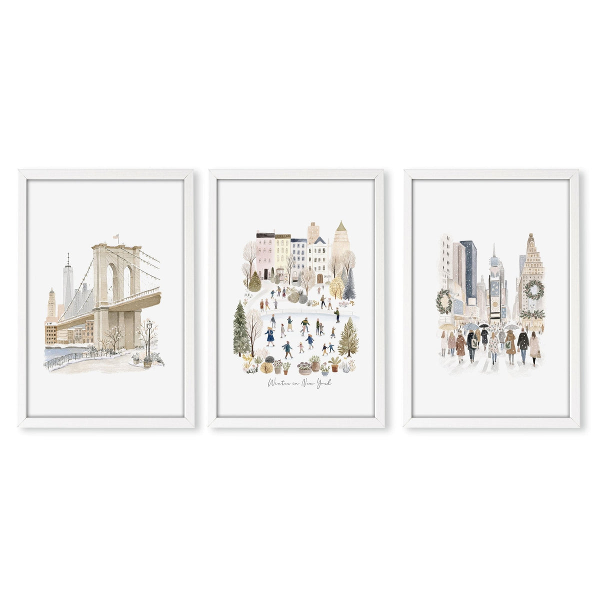 Master Bedroom Art Above Bed Winter New York Manhattan Wall Art Prints | "Winter in New York" | Set of 3
