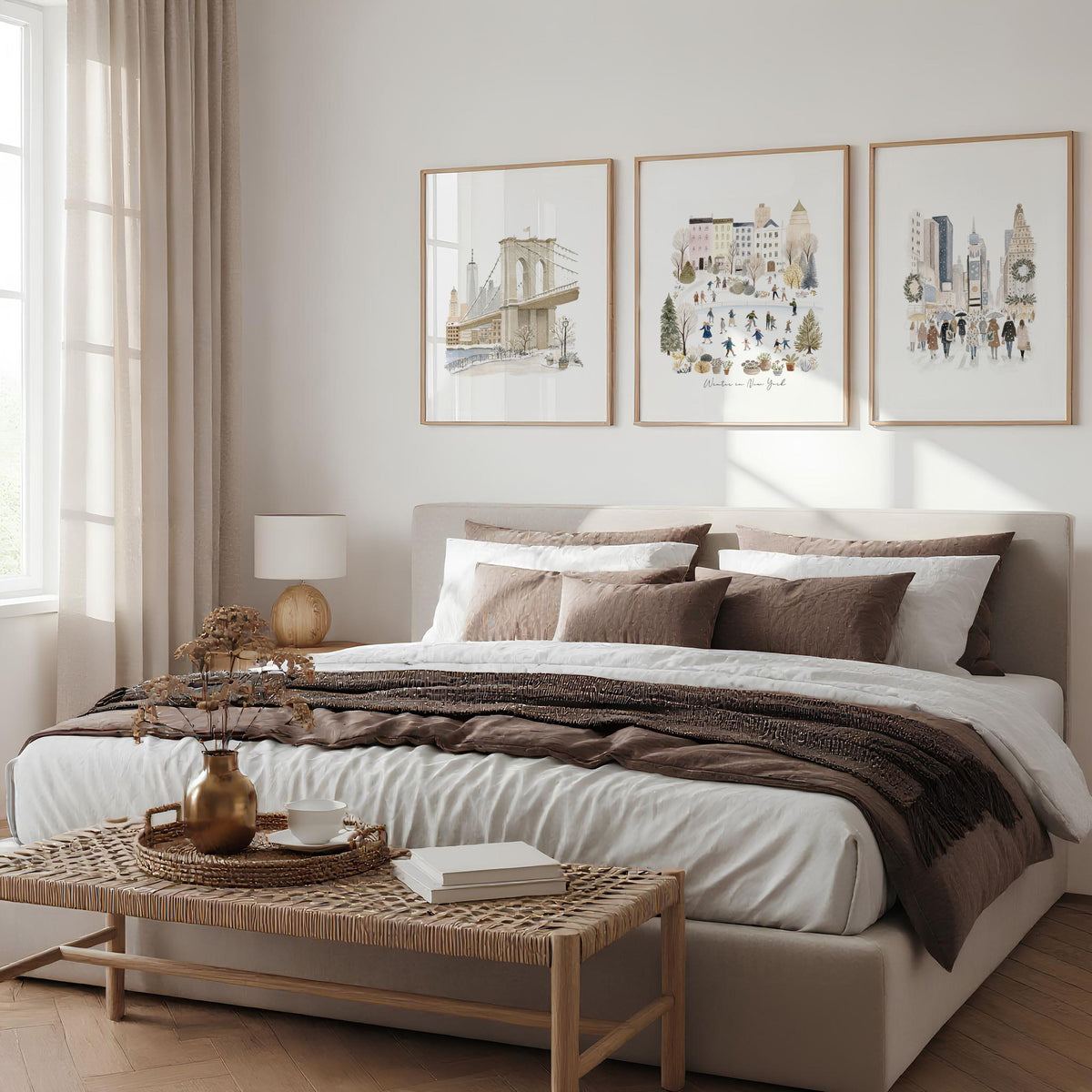 Master Bedroom Art Above Bed Winter New York Manhattan Wall Art Prints | "Winter in New York" | Set of 3
