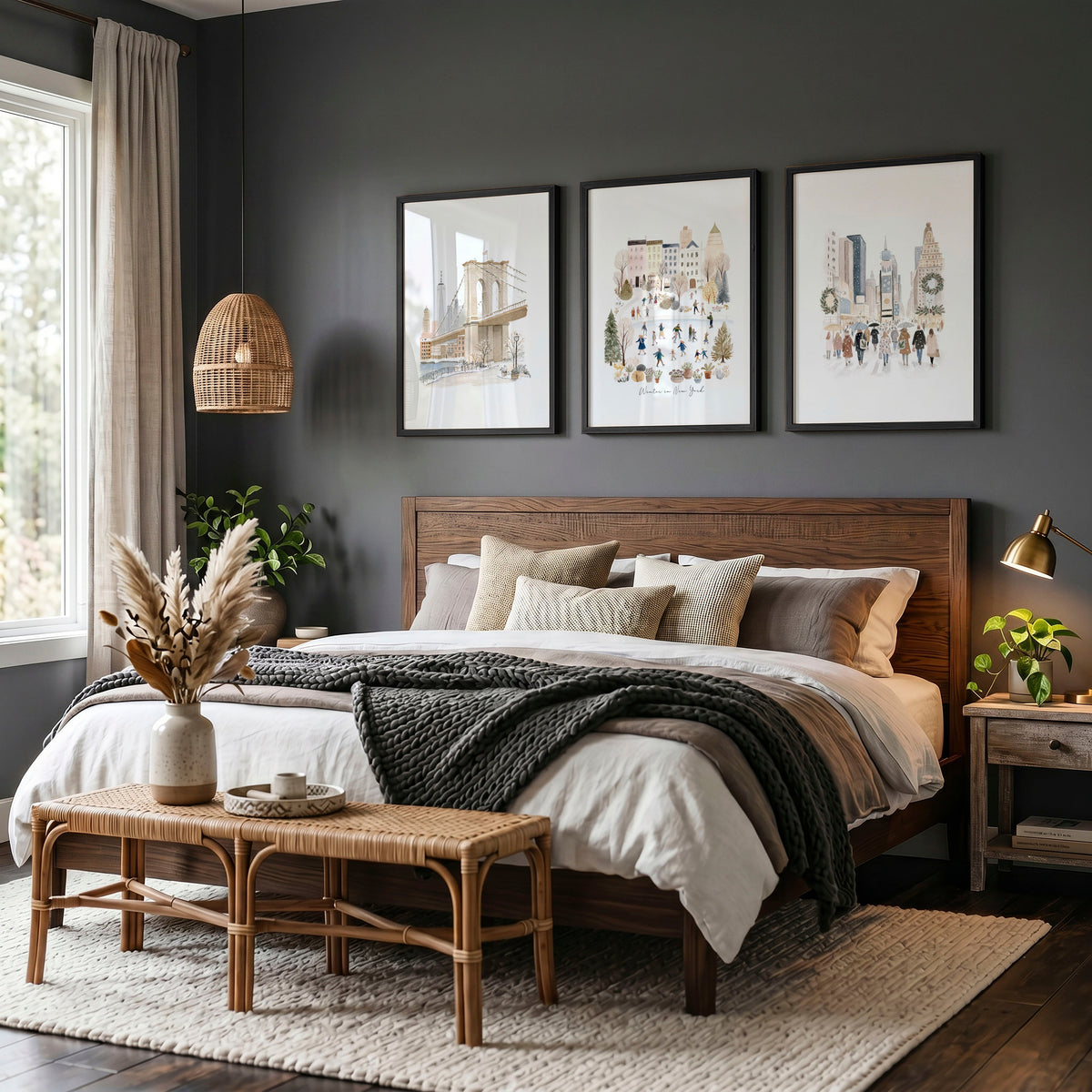 Master Bedroom Art Above Bed Winter New York Manhattan Wall Art Prints | "Winter in New York" | Set of 3