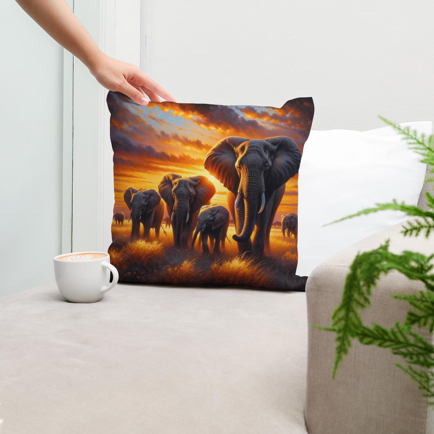 Elephant Savannah Sunset Cotton Cushion