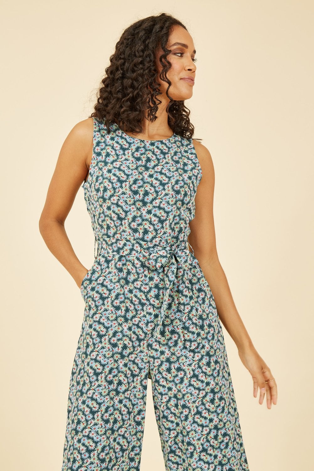 Mela Green Daisy Floral Print Culotte Jumpsuit
