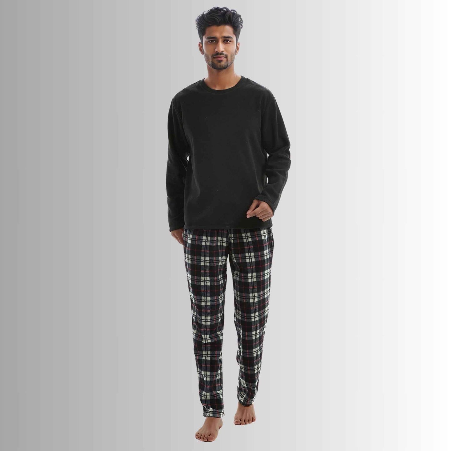 Men's Thermal Fleece Pyjama Set in Black and Red Long Sleeve Design