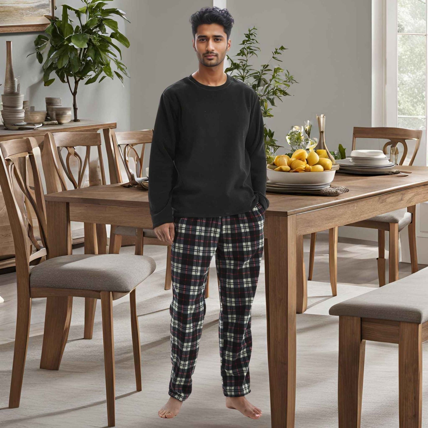 Men's Thermal Fleece Pyjama Set in Black and Red Long Sleeve Design