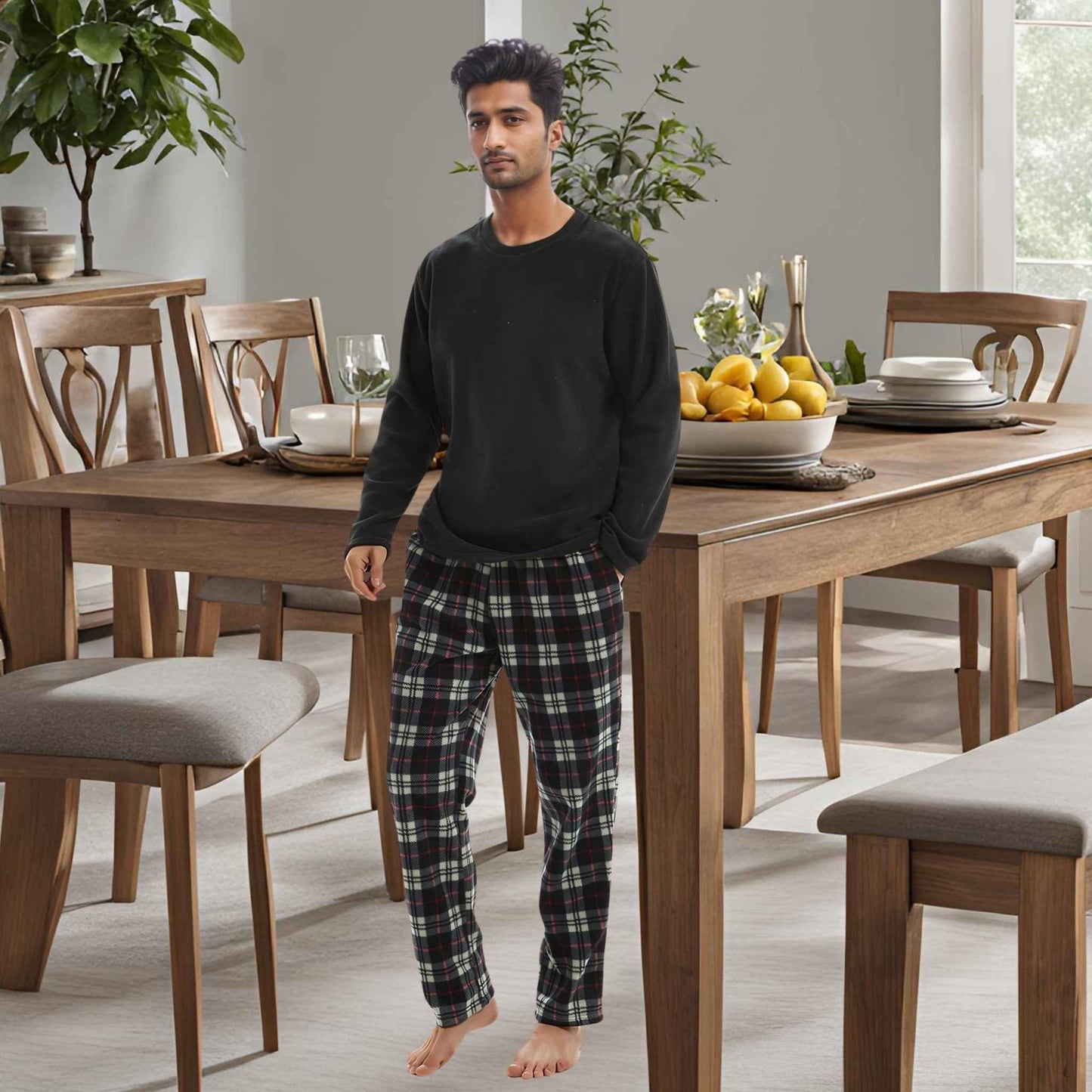Men's Thermal Fleece Pyjama Set in Black and Red Long Sleeve Design
