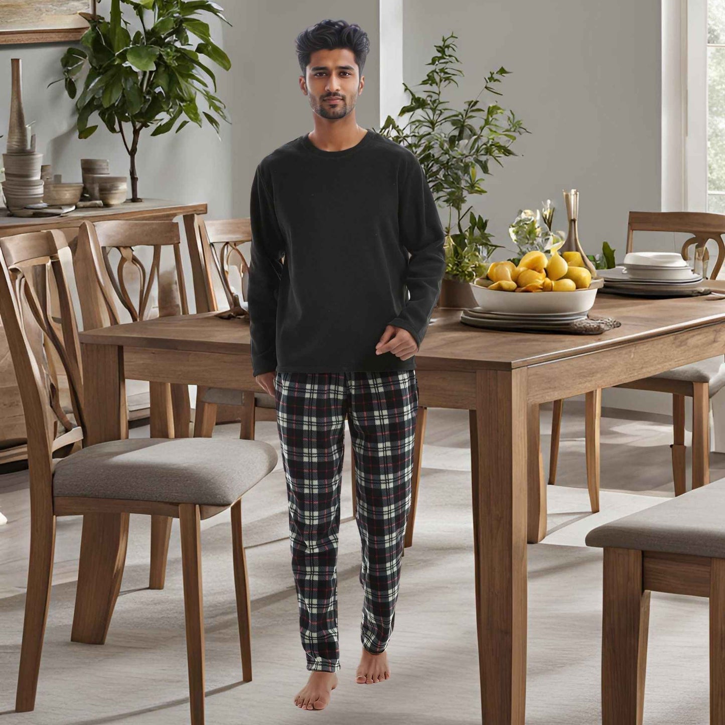 Men's Thermal Fleece Pyjama Set in Black and Red Long Sleeve Design