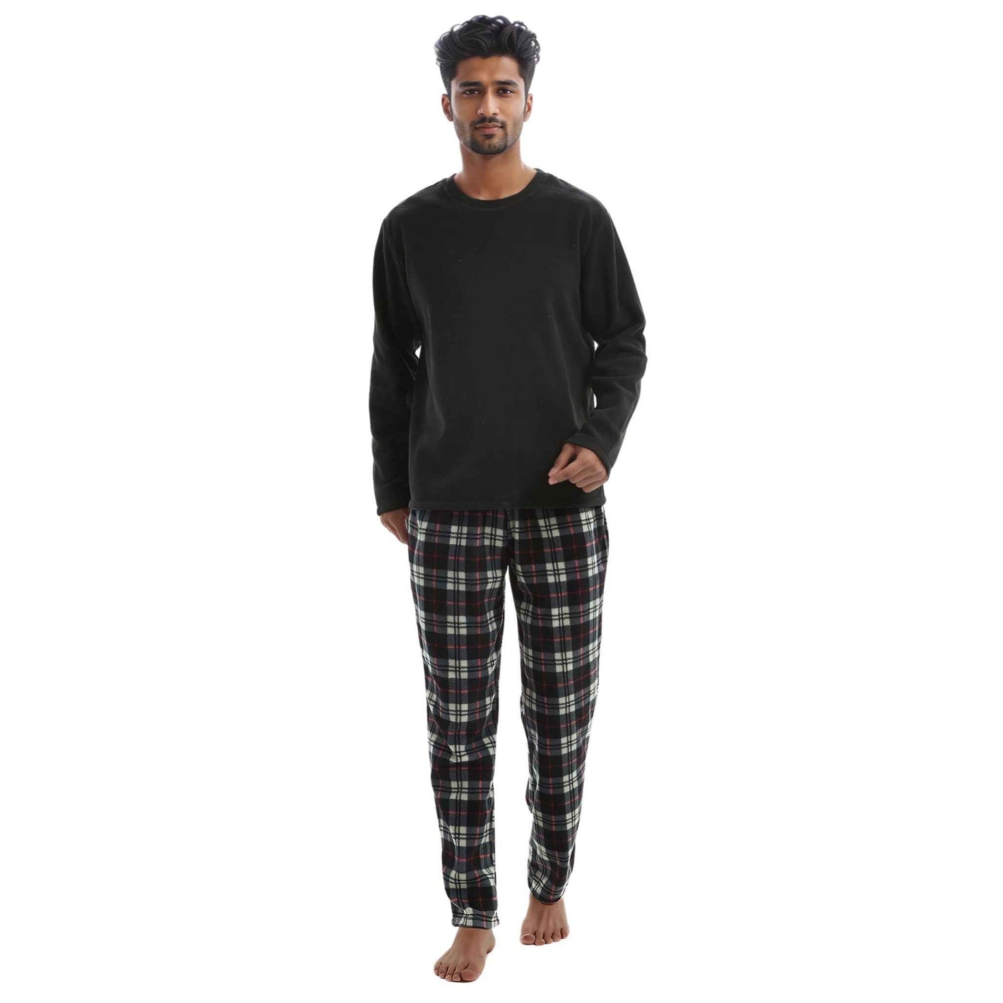 Men's Thermal Fleece Pyjama Set in Black and Red Long Sleeve Design