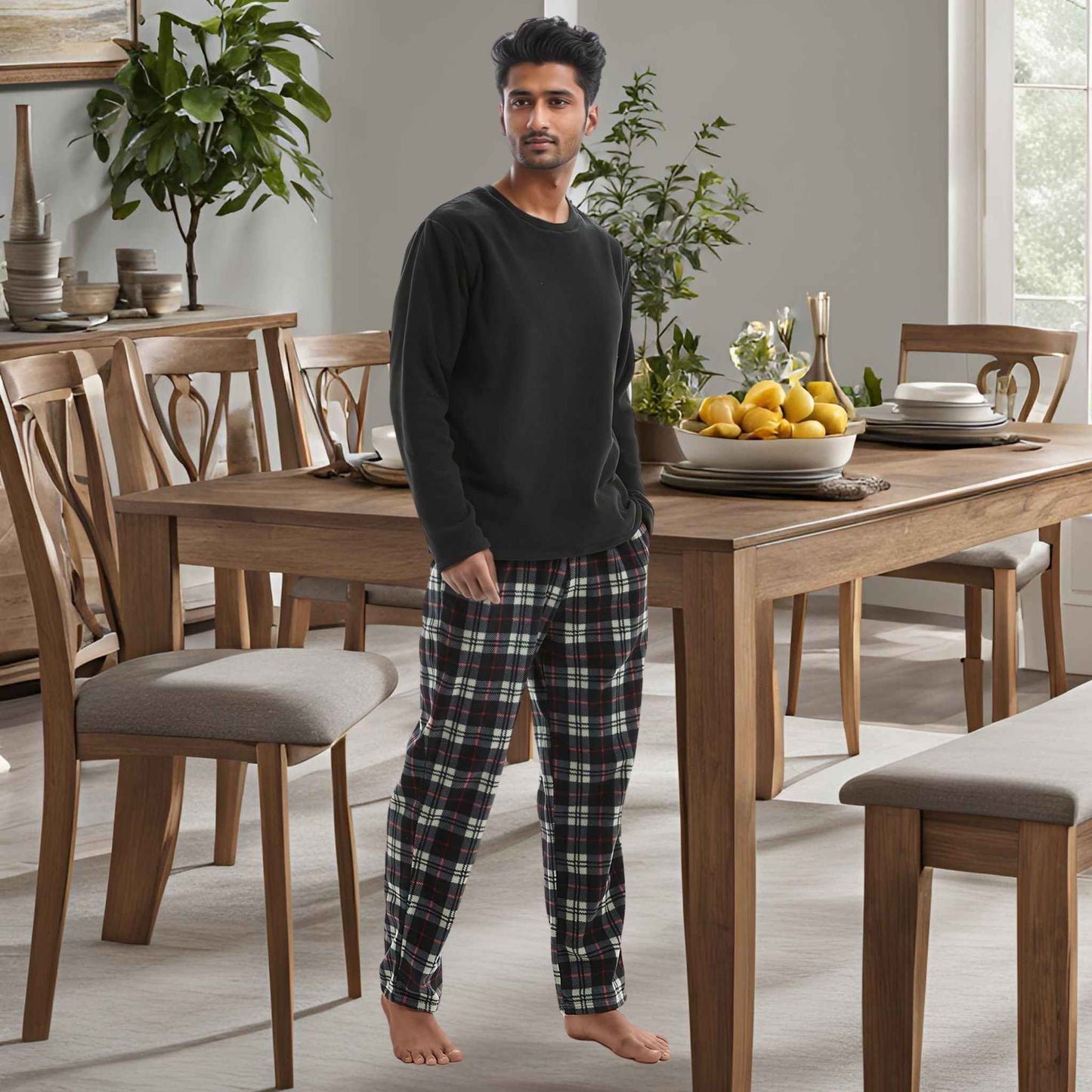 Men's Thermal Fleece Pyjama Set in Black and Red Long Sleeve Design
