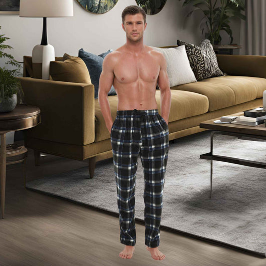 Men's Blue Black Fleece Pyjama Bottoms - Comfortable Lounge Pants