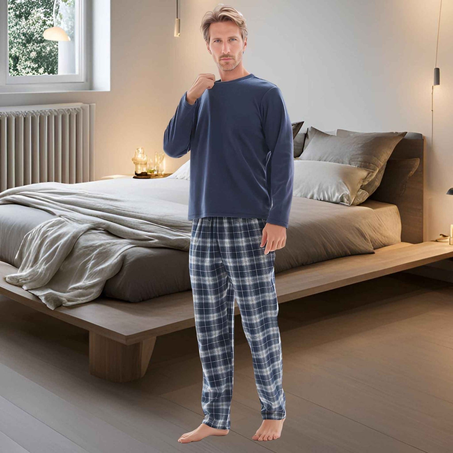 Men's Thermal Pyjama Set with Cotton Bottoms, Available in Sizes M-XXL