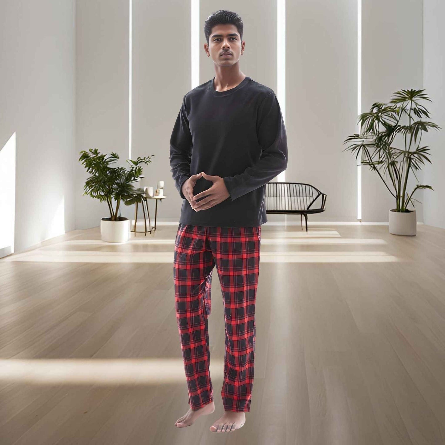 Men's Thermal Fleece Lounge Set with Cozy Check Cotton Pants