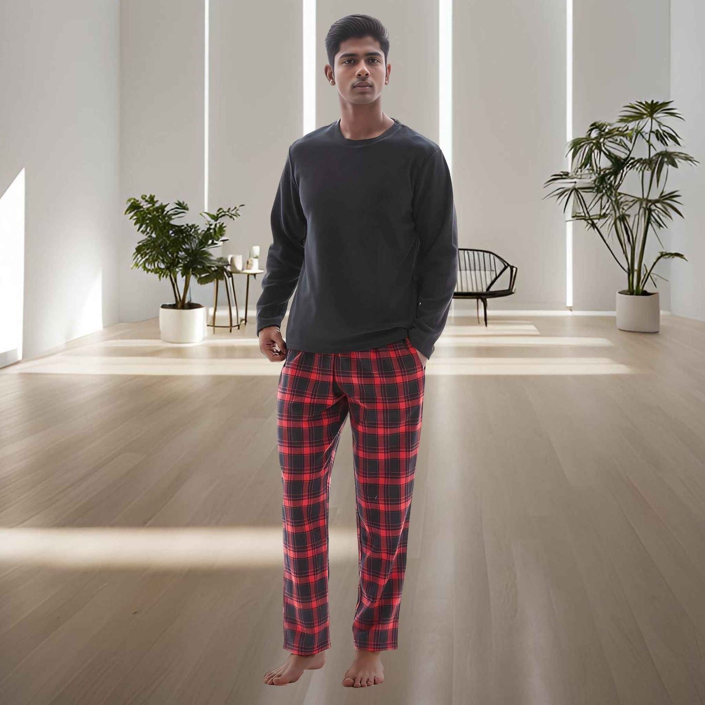 Men's Thermal Fleece Lounge Set with Cozy Check Cotton Pants