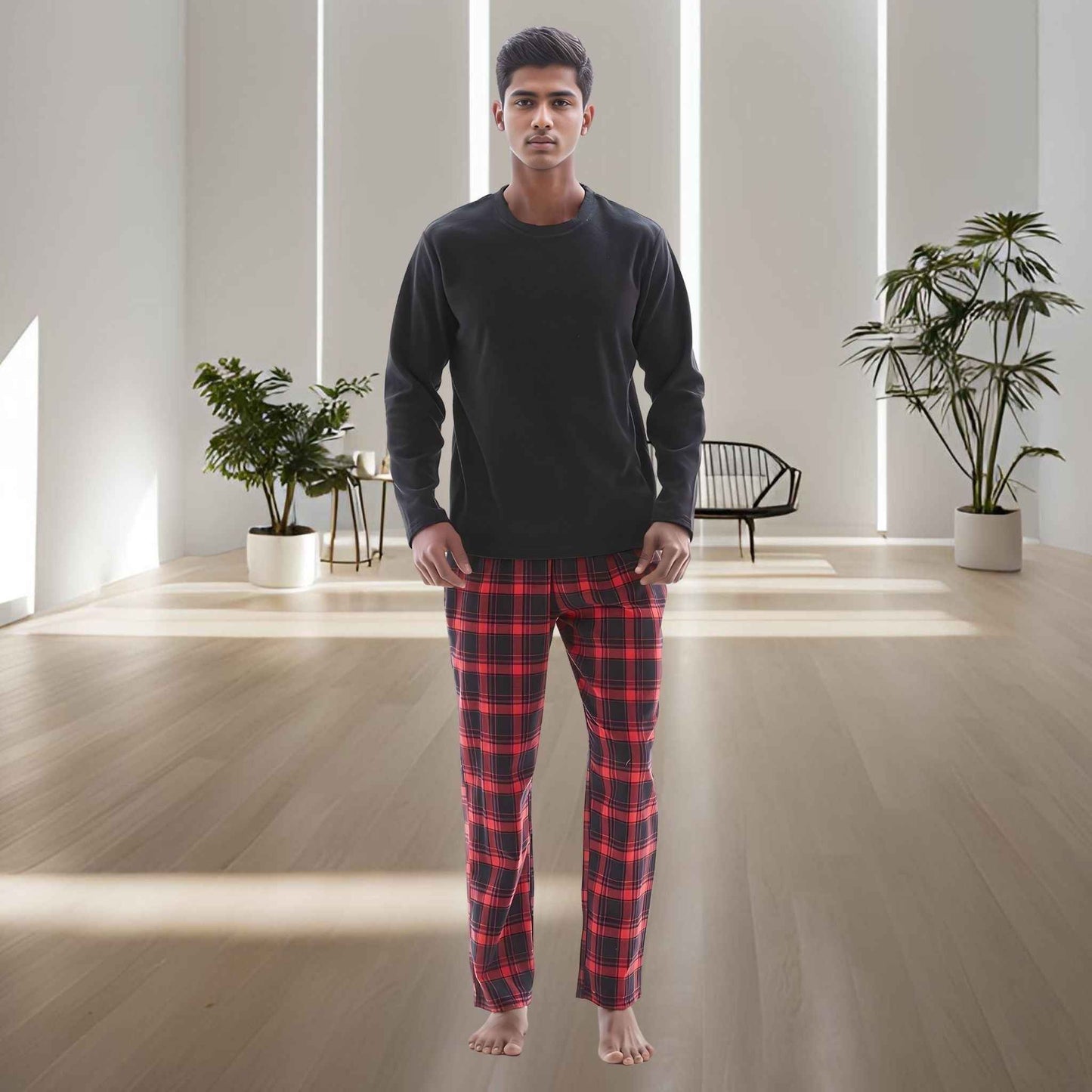 Men's Thermal Fleece Lounge Set with Cozy Check Cotton Pants
