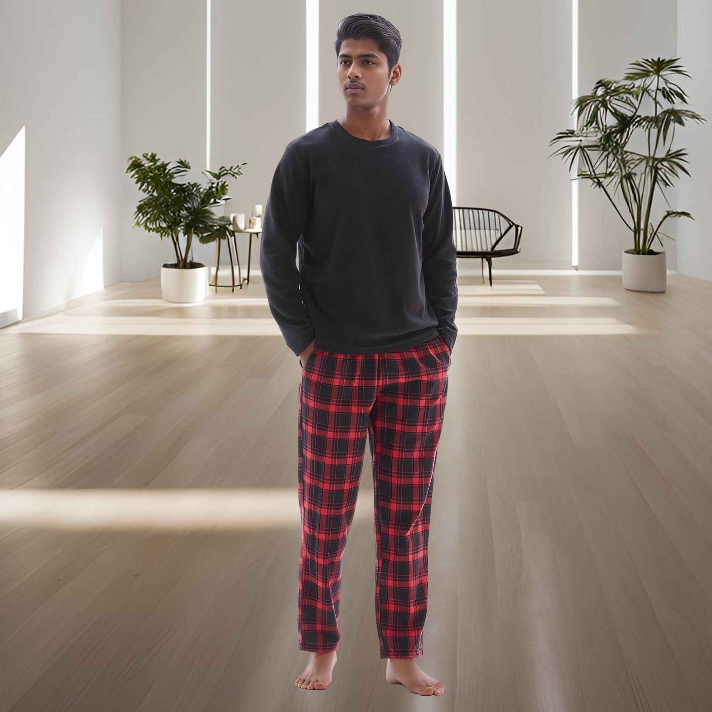 Men's Thermal Fleece Lounge Set with Cozy Check Cotton Pants