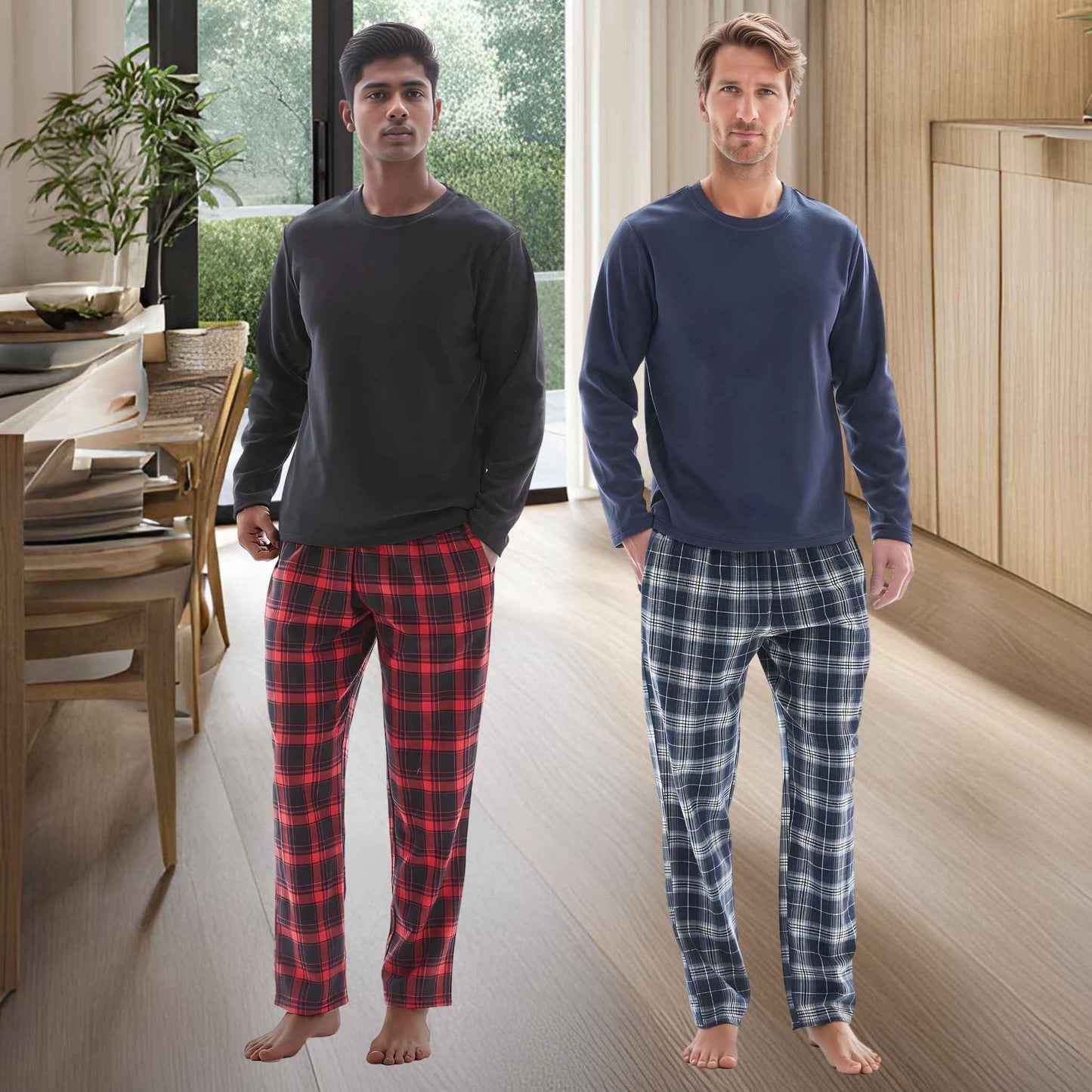 Men's Thermal Fleece Lounge Set with Cozy Check Cotton Pants