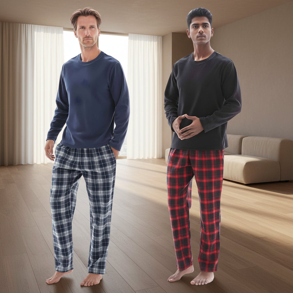Men's Thermal Fleece Lounge Set with Cozy Check Cotton Pants