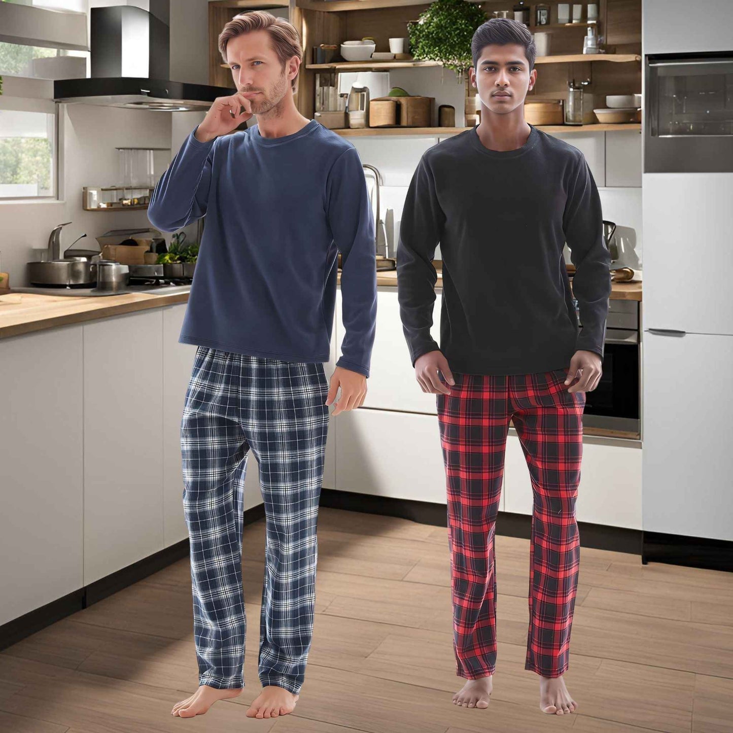 Men's Thermal Fleece Lounge Set with Cozy Check Cotton Pants