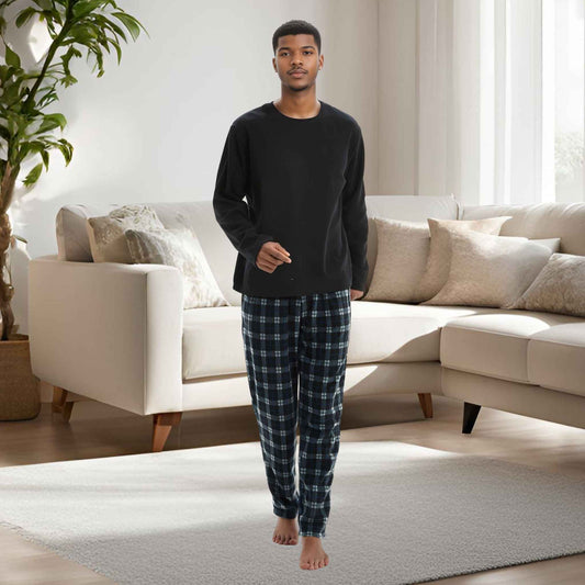 Men's Fleece Pyjama Set - Black Long Sleeve Loungewear