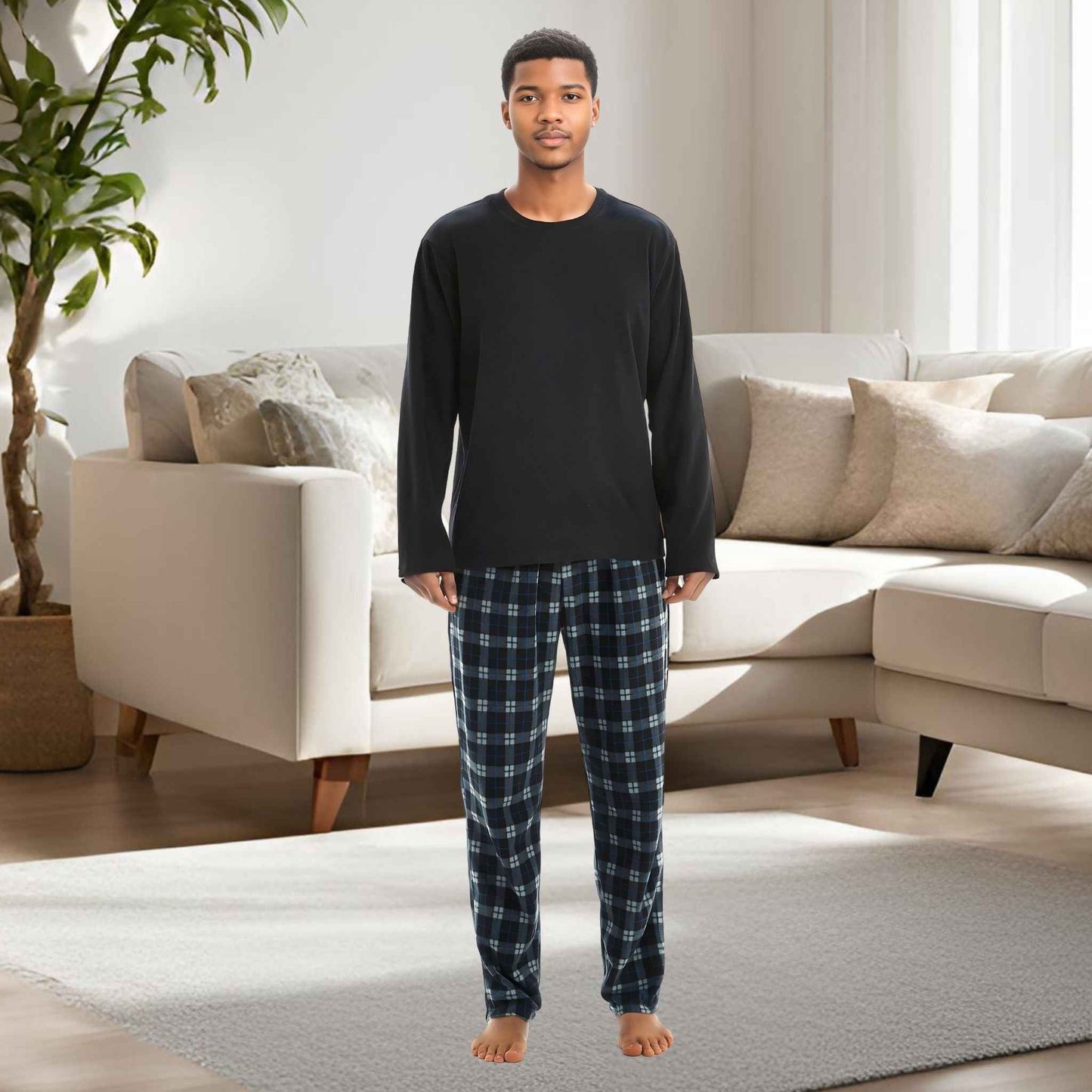 Men's Fleece Pyjama Set - Black Long Sleeve Loungewear