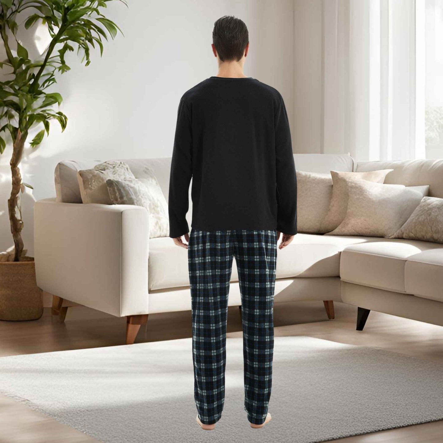 Men's Fleece Pyjama Set - Black Long Sleeve Loungewear