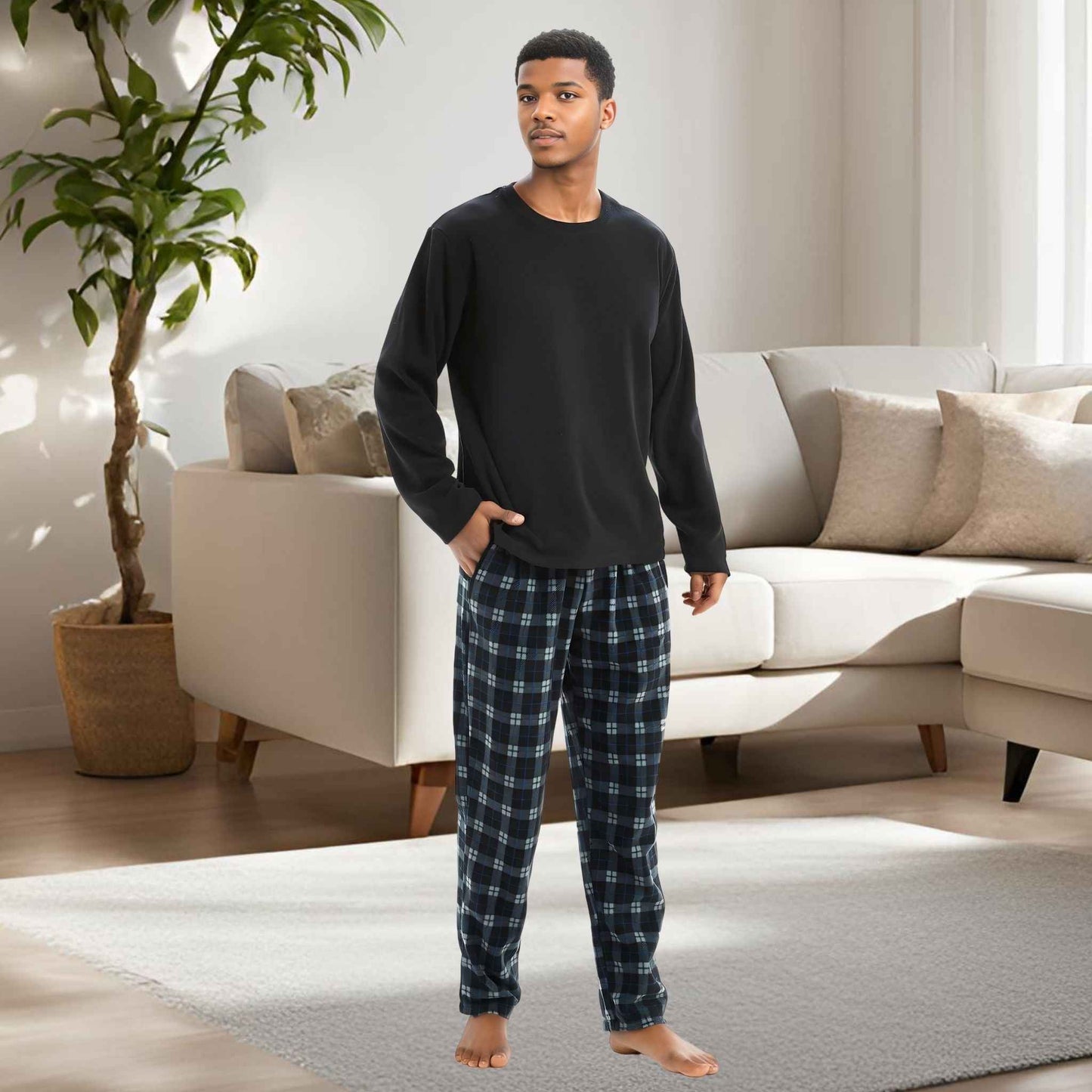 Men's Fleece Pyjama Set - Black Long Sleeve Loungewear