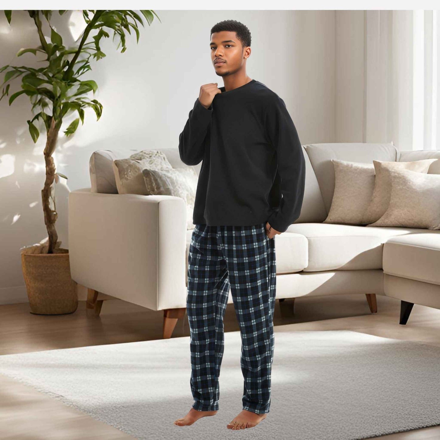 Men's Fleece Pyjama Set - Black Long Sleeve Loungewear
