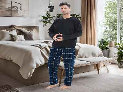 Luxury Navy Check Fleece Pajamas - Men's Warm Winter Pyjama Set