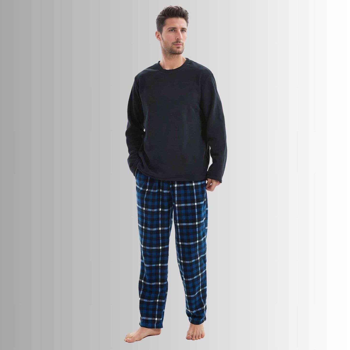 Luxury Navy Check Fleece Pajamas - Men's Warm Winter Pyjama Set
