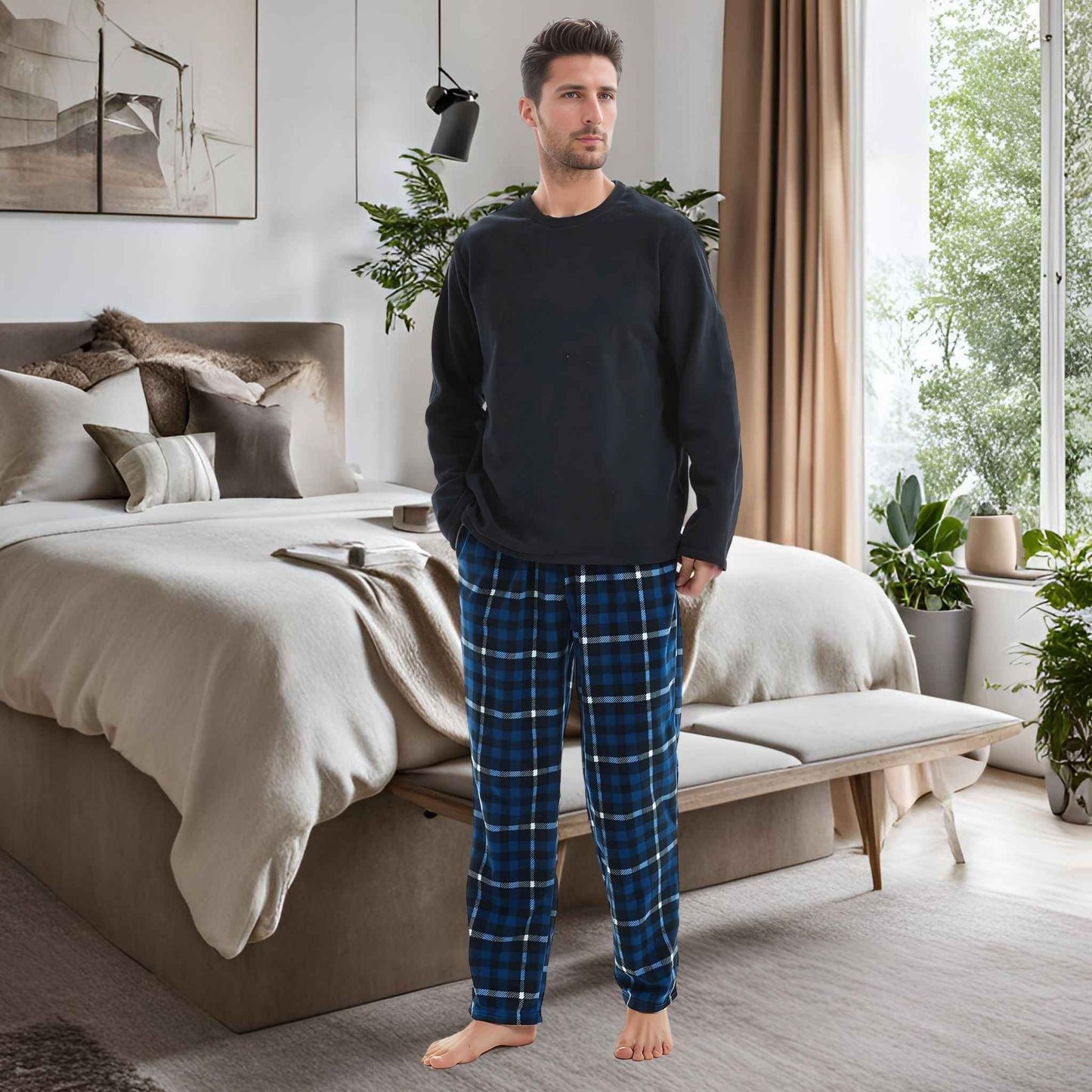 Luxury Navy Check Fleece Pajamas - Men's Warm Winter Pyjama Set