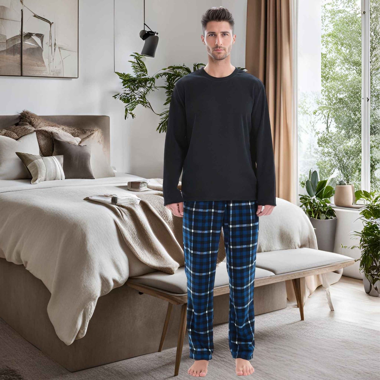 Luxury Navy Check Fleece Pajamas - Men's Warm Winter Pyjama Set