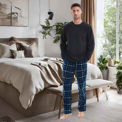 Luxury Navy Check Fleece Pajamas - Men's Warm Winter Pyjama Set