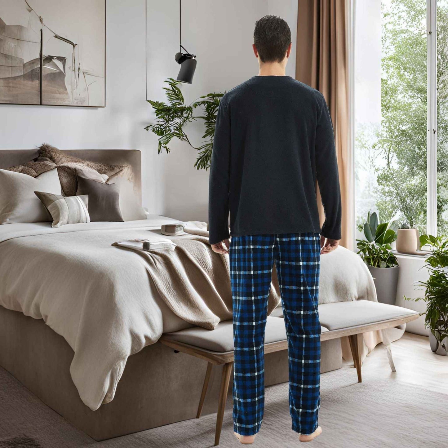 Luxury Navy Check Fleece Pajamas - Men's Warm Winter Pyjama Set