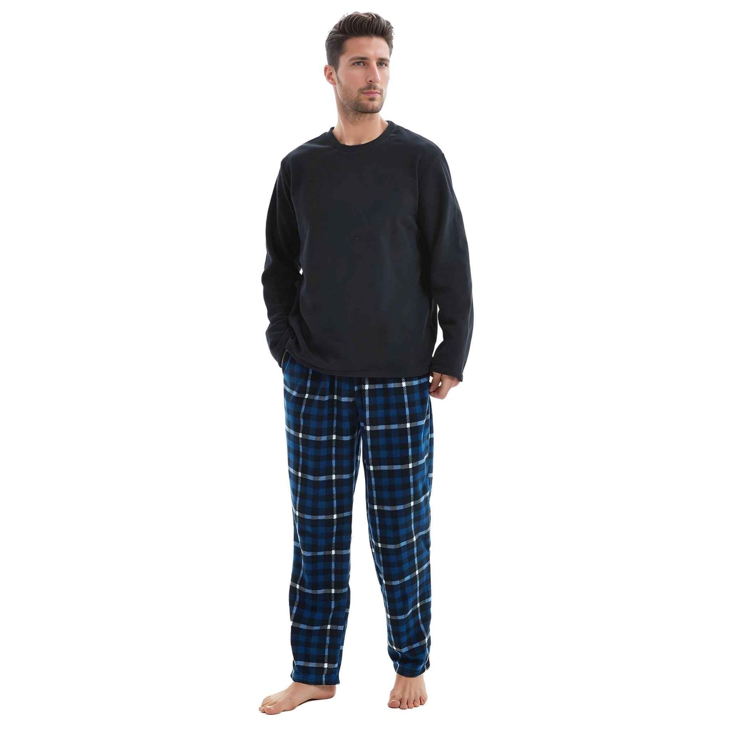 Luxury Navy Check Fleece Pajamas - Men's Warm Winter Pyjama Set