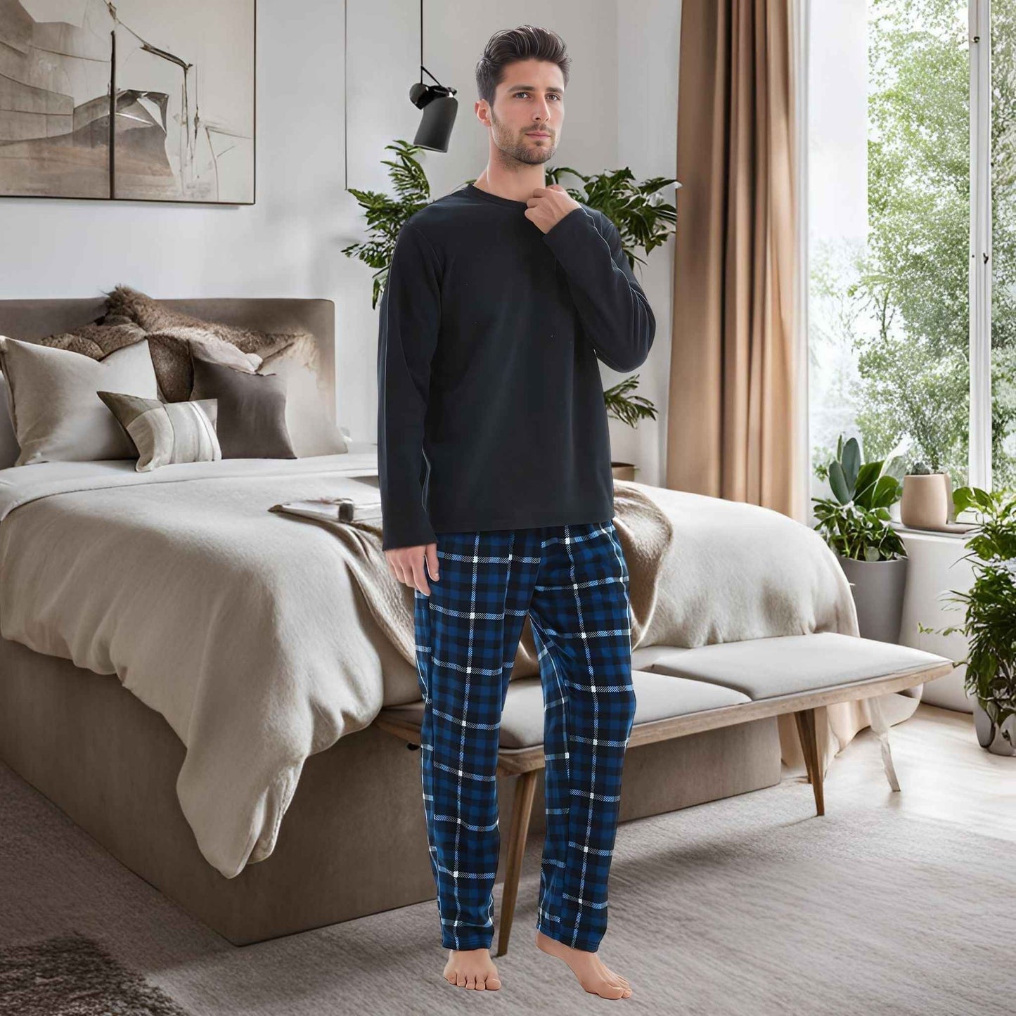 Luxury Navy Check Fleece Pajamas - Men's Warm Winter Pyjama Set