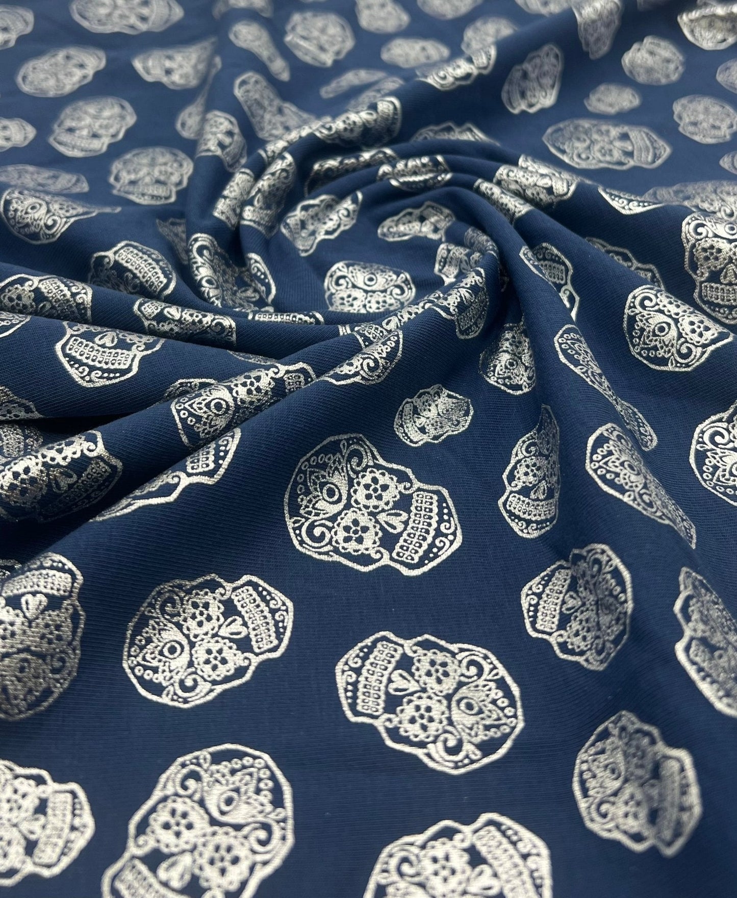 Metallic Skulls Cotton Stretch Jersey Halloween 200 GSM 95/5 Lycra 4 Way Stretch