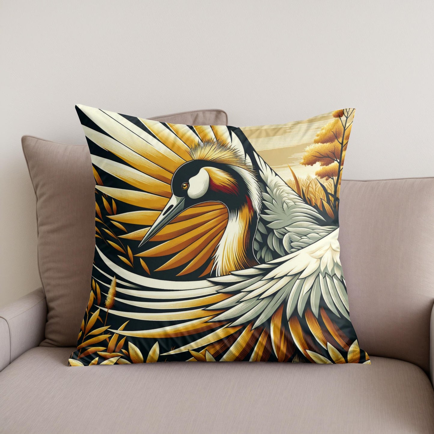 Golden Crane Elegance Cotton Cushion