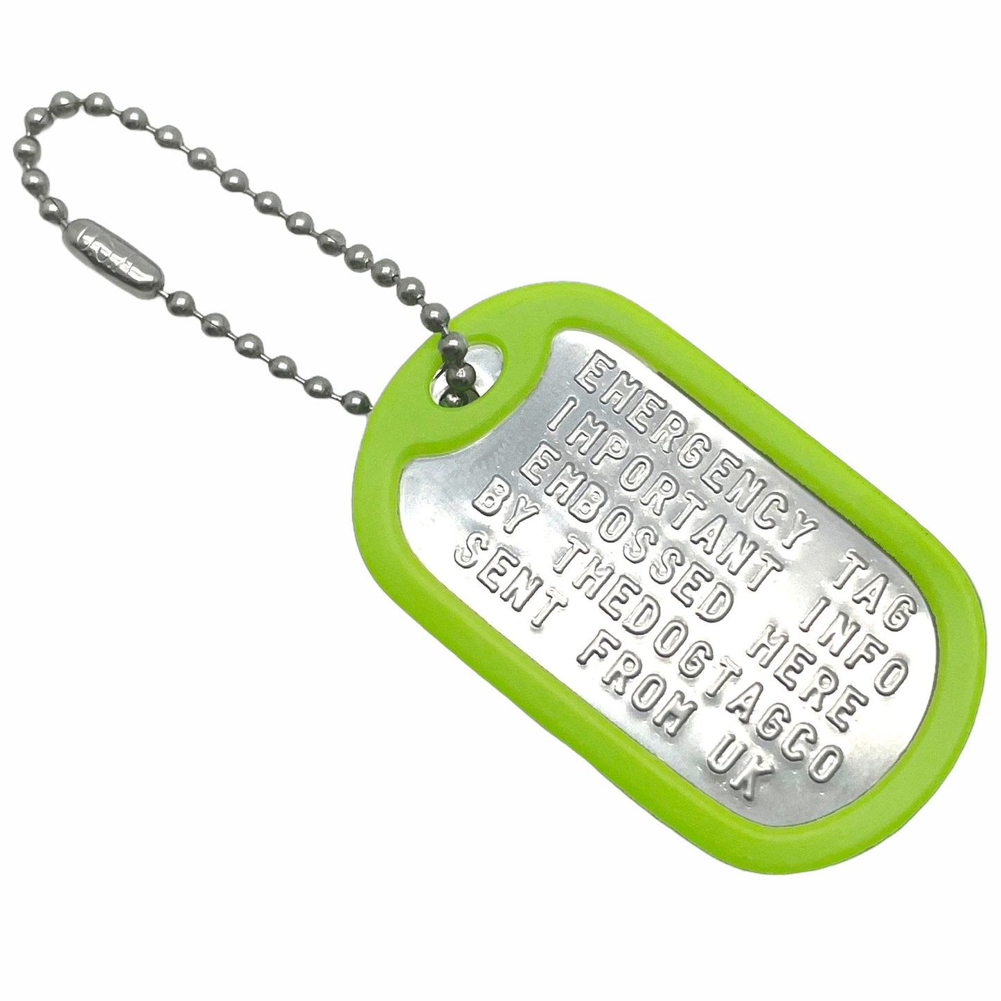 Military Dog Tag Stainless Steel Single Keychain, Emergency, Luggage Tag, Supplied supplied with 4" chain