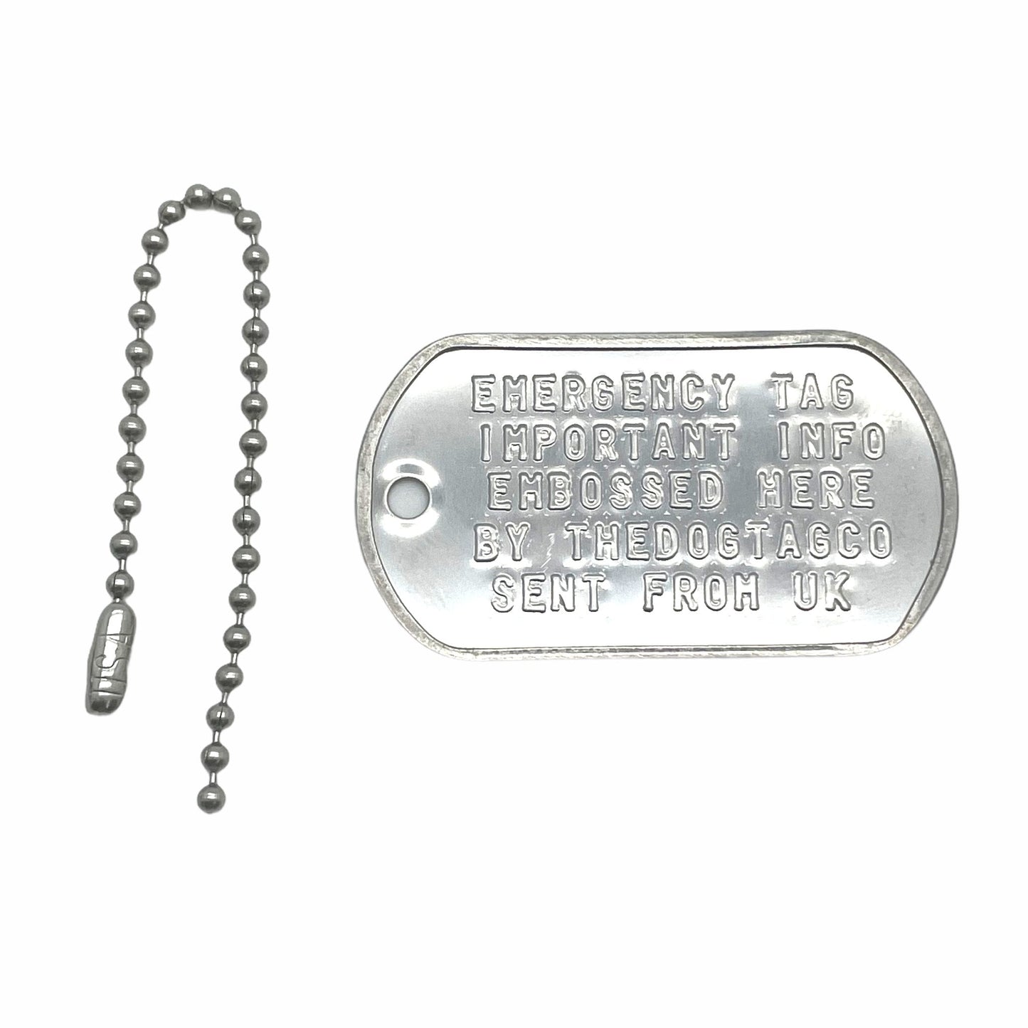 Military Dog Tag Stainless Steel Single Keychain, Emergency, Luggage Tag, Supplied supplied with 4" chain