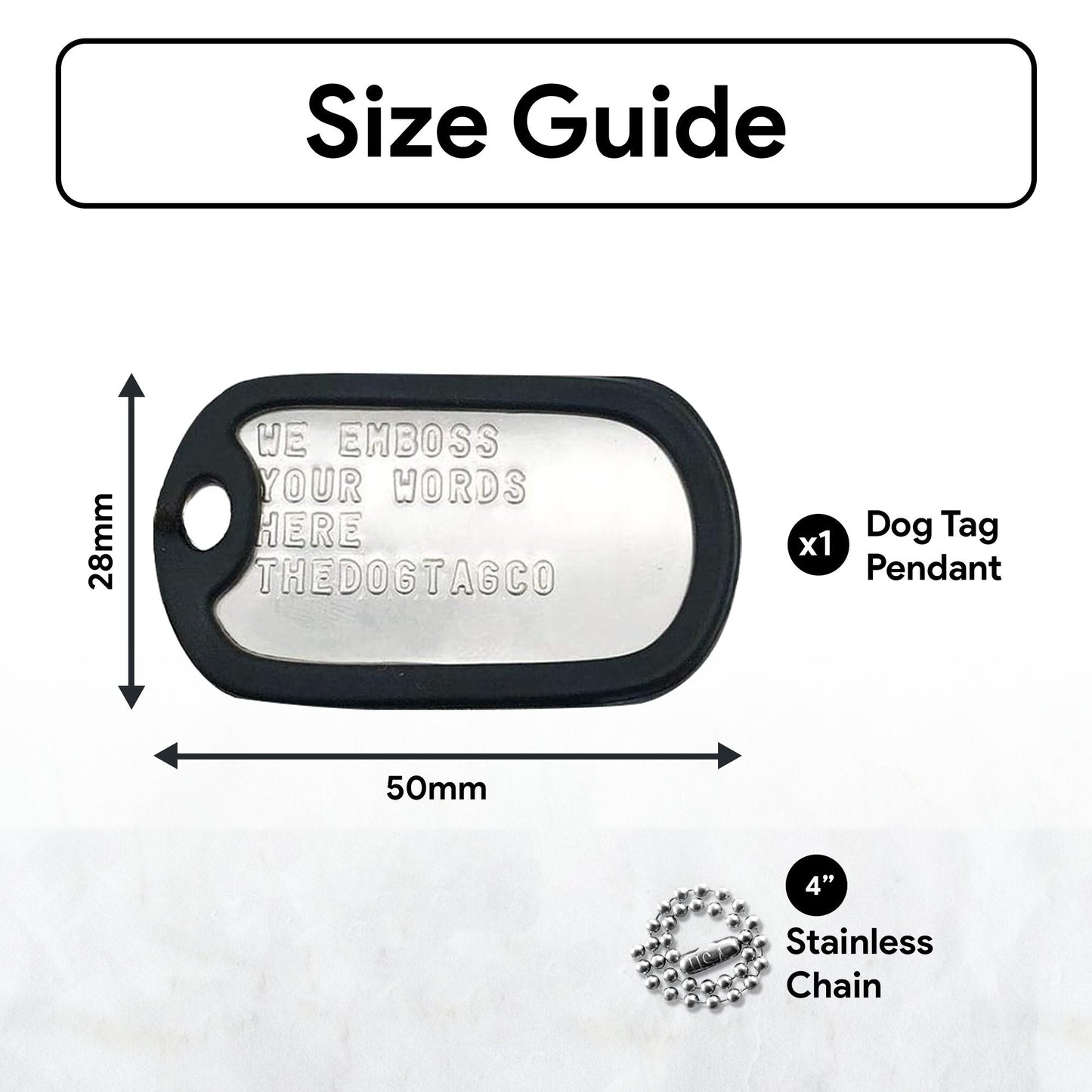 Military Dog Tag Stainless Steel Single Keychain, Emergency, Luggage Tag, Supplied supplied with 4" chain