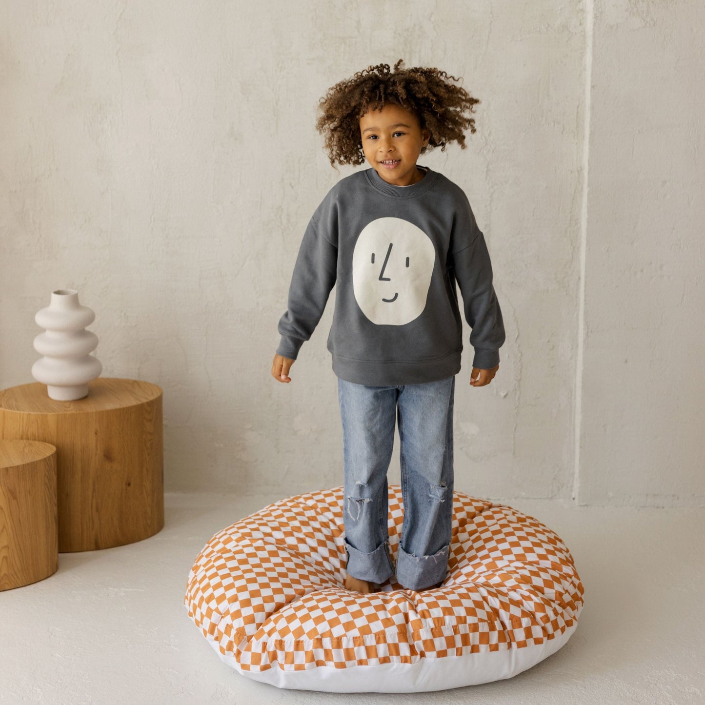 MINICAMP Checkered Large Kids Floor Cushion in Off-white and Orange