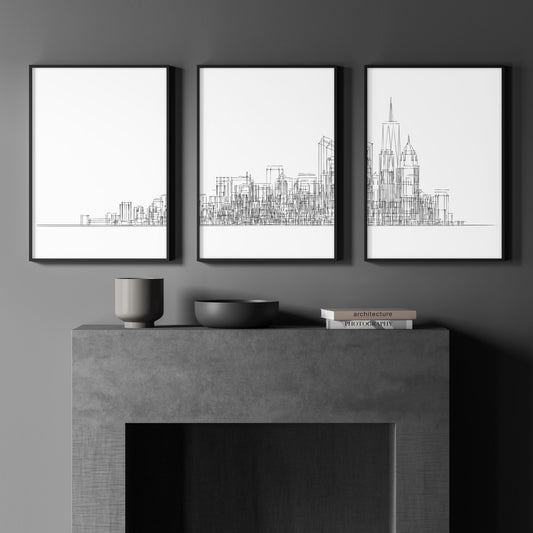 Minimalism Wall Art New York Skyline Line Art Skyscraper Prints | Set of 3