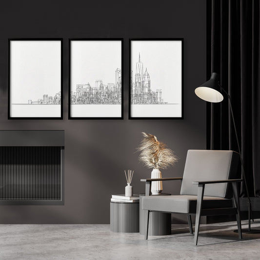 Minimalism Wall Art New York Skyline Line Art Skyscraper Prints | Set of 3