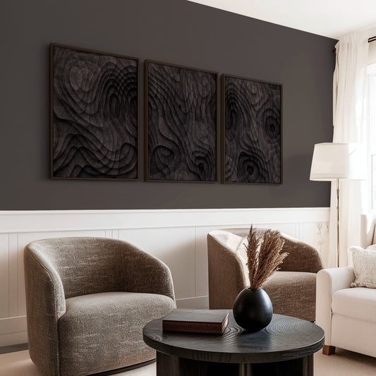 Minimalist Art Dark Charcoal Abstract Topographic Wave Texture Wall Art Prints | Set of 3